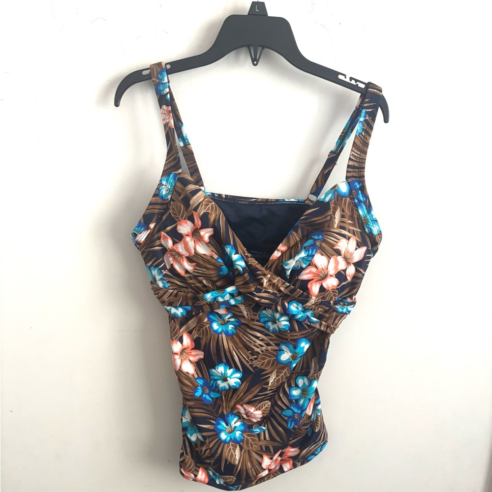 Lands’ End Swim Tankini Top Size 12 Blue Brown Tropic Palm Hawaiian Floral beach
